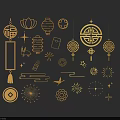 Golden Chinese Traditional Decorative Elements With Lanterns Lotus Cloud Patterns And Fireworks 3d model