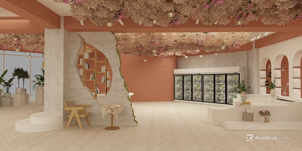 Interior With Flower Adorned Ceiling Orange Walls Stone Bookshelf Wooden Tables And Refrigerated Cases 3d model 