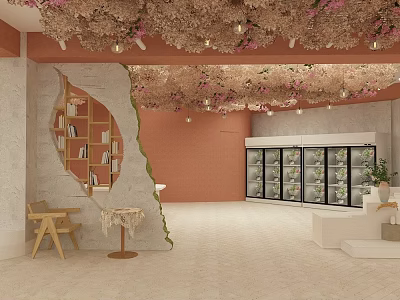 Interior With Flower Adorned Ceiling Orange Walls Stone Bookshelf Wooden Tables And Refrigerated Cases 3d model