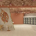 Interior With Flower Adorned Ceiling Orange Walls Stone Bookshelf Wooden Tables And Refrigerated Cases