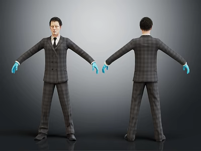 Man in Plaid Suit With Blue Gloves Front and Back Views on Gray Background 3d model