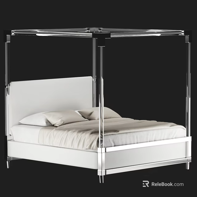 Modern Double Bed Design With Chrome Frame White Headboard And Light Bedding 3d model 
