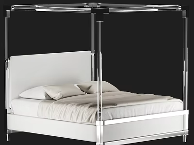 Modern Double Bed Design With Chrome Frame White Headboard And Light Bedding 3d model