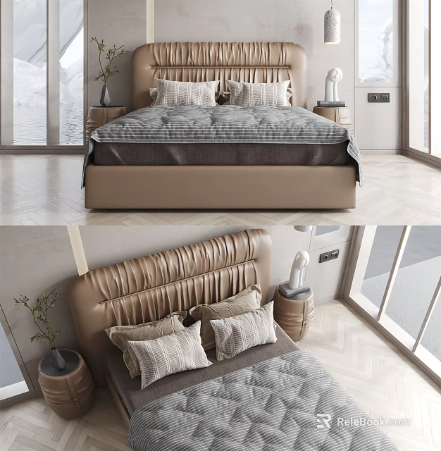 Modern Double Bed With Elegant Tufted Headboard Plush Pillows And Side Nightstands 3d model 