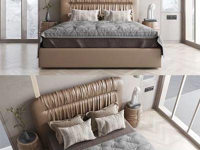 Modern Double Bed With Elegant Tufted Headboard Plush Pillows And Side Nightstands 3d model