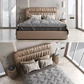 Modern Double Bed With Elegant Tufted Headboard Plush Pillows And Side Nightstands 3d model