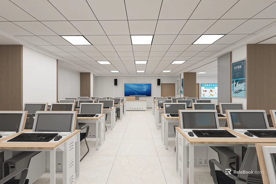 Modern Computer Classroom Interior with Rows of Computer Desks and Large Front Screen 3d model