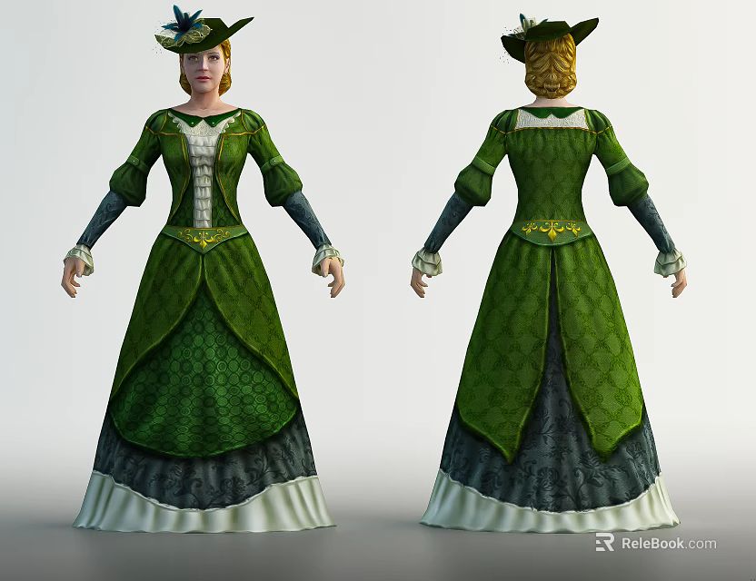 Two Female Characters Wearing Green Dresses And Hats Front Back Views 3d model 