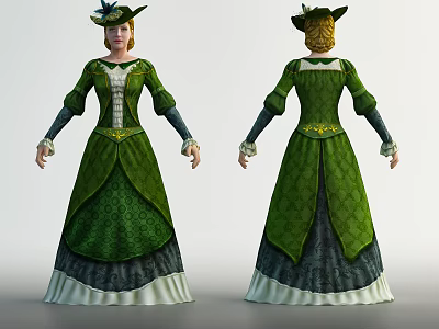 Two Female Characters Wearing Green Dresses And Hats Front Back Views 3d model