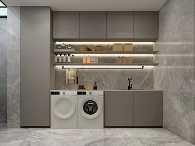 Modern Laundry Room With Two Washing Machines Gray Cabinets And Marble Floor 3d model