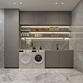 Modern Laundry Room With Two Washing Machines Gray Cabinets And Marble Floor