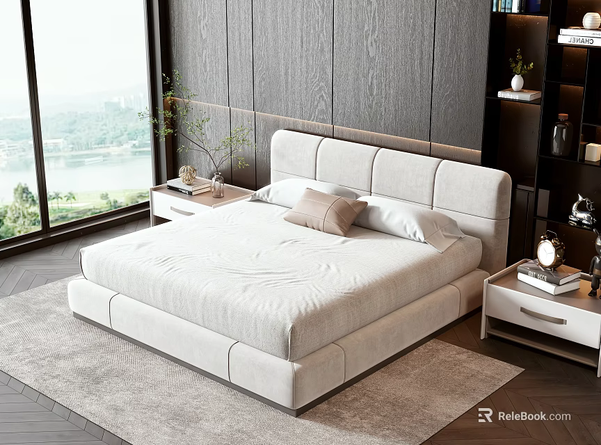 Modern Double Bed in Bedroom with Wooden Wall Area Rug Nightstands and Bright Window View 3d model 