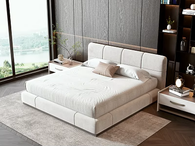 Modern Double Bed in Bedroom with Wooden Wall Area Rug Nightstands and Bright Window View 3d model