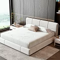 Modern Double Bed in Bedroom with Wooden Wall Area Rug Nightstands and Bright Window View