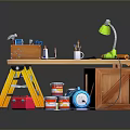 Functional Workbench with Tools Green Lamp Paint Cans Wooden Crate and Blue Mat