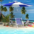Tropical Beach Pool Scene With Palm Trees Surfboards Umbrella And White Buildings