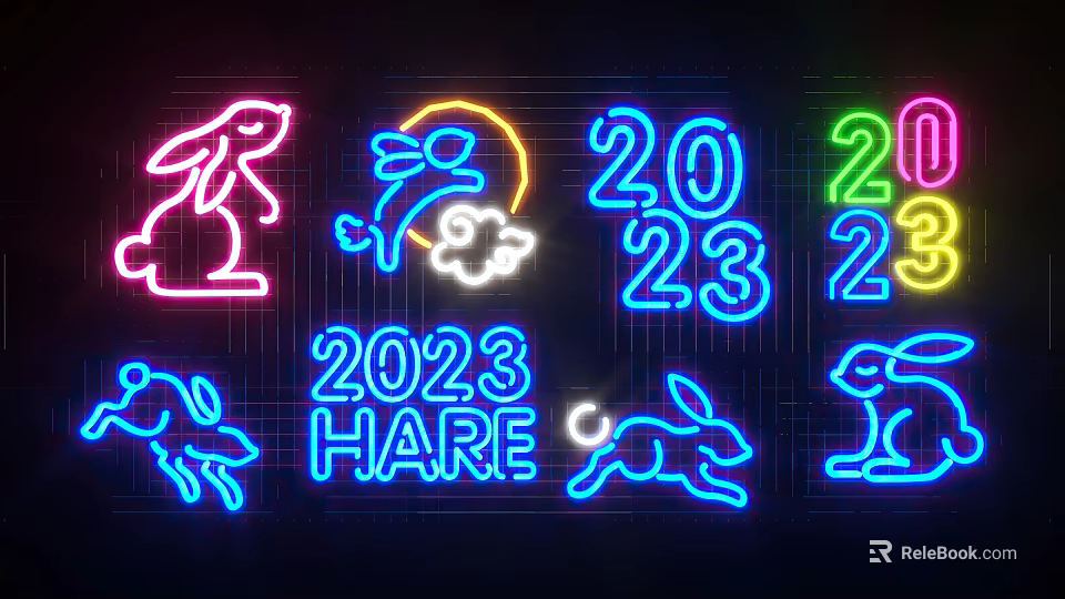 Neon Decorative Lights Featuring 2023 Hare Design And Colorful Rabbit Patterns 3d model 