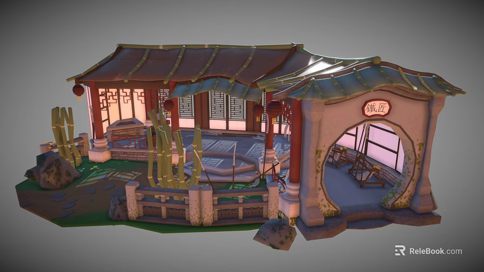 Cartoon Chinese Architectural Scene With Pavilion Tile Roof Bamboo Stone Steps And Windows 3d model 