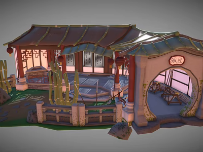 Cartoon Chinese Architectural Scene With Pavilion Tile Roof Bamboo Stone Steps And Windows 3d model
