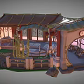 Cartoon Chinese Architectural Scene With Pavilion Tile Roof Bamboo Stone Steps And Windows