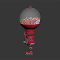 Red Robot With Gumball Machine Head Holding Colorful Candy Balls Scattered On Floor