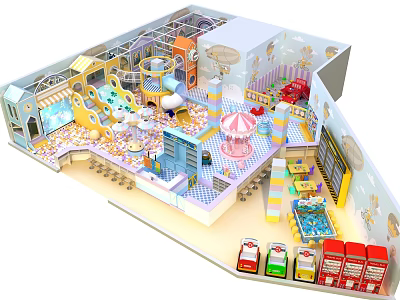 Kids Playground Commercial Equipment With Slides Carousel And Colorful Indoor Facilities 3d model