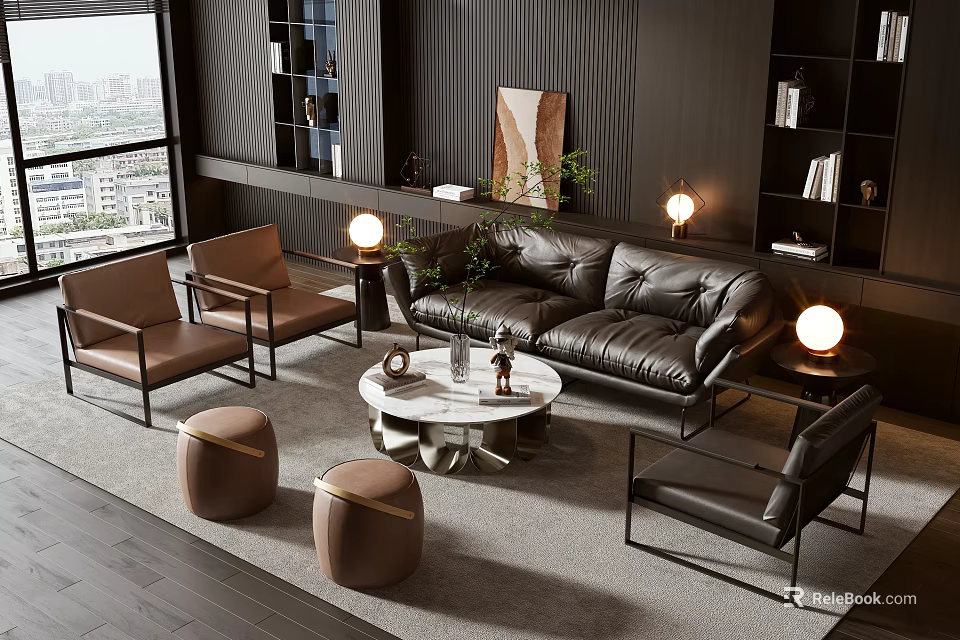 Modern Black Leather Sofa And Marble Coffee Table Set With Armchairs And Floor Lamps 3d model 