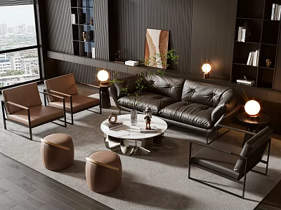 Modern Black Leather Sofa And Marble Coffee Table Set With Armchairs And Floor Lamps 3d model