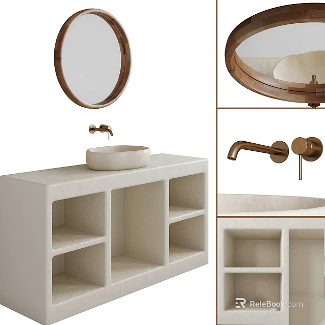 Minimalist Bathroom Vanity With Stone Countertop Round Wooden Frame Mirror And Faucet Storage Compartments 3d model 