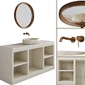 Minimalist Bathroom Vanity With Stone Countertop Round Wooden Frame Mirror And Faucet Storage Compartments