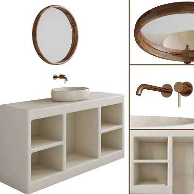 Minimalist Bathroom Vanity With Stone Countertop Round Wooden Frame Mirror And Faucet Storage Compartments 3d model
