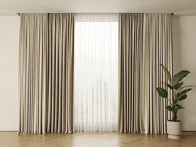 Beige Vertical Striped Layered Curtains With Sheer Window White Wall Wooden Floor And Green Plant 3d model