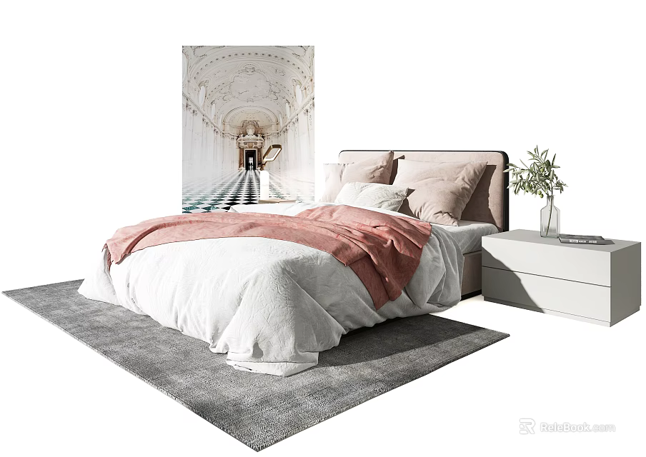 Double Bed With White Bedspread Pink Blanket Pillows Nightstand Flower Vase Wall Art Gray Rug 3d model 
