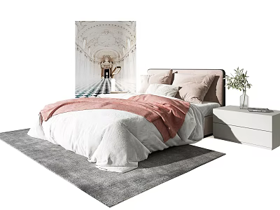 Double Bed With White Bedspread Pink Blanket Pillows Nightstand Flower Vase Wall Art Gray Rug 3d model