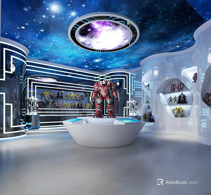 Sci Fi Themed Entertainment Room With Starry Ceiling And Armor Displays 3d model