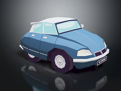 Blue Cartoon Style Retro Car With White Roof And Reflective Surface 3d model