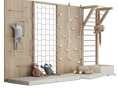 Wooden Playground Equipment With Climbing Wall Rope Net Ladder And Soft Mats 3d model