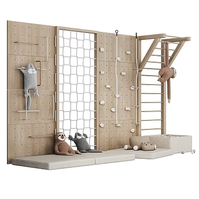 Wooden Playground Equipment With Climbing Wall Rope Net Ladder And Soft Mats 3d model