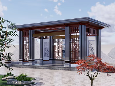 Traditional Chinese Pavilion With Wooden Frames Red Tree Green Plants And Stone Pavement 3d model
