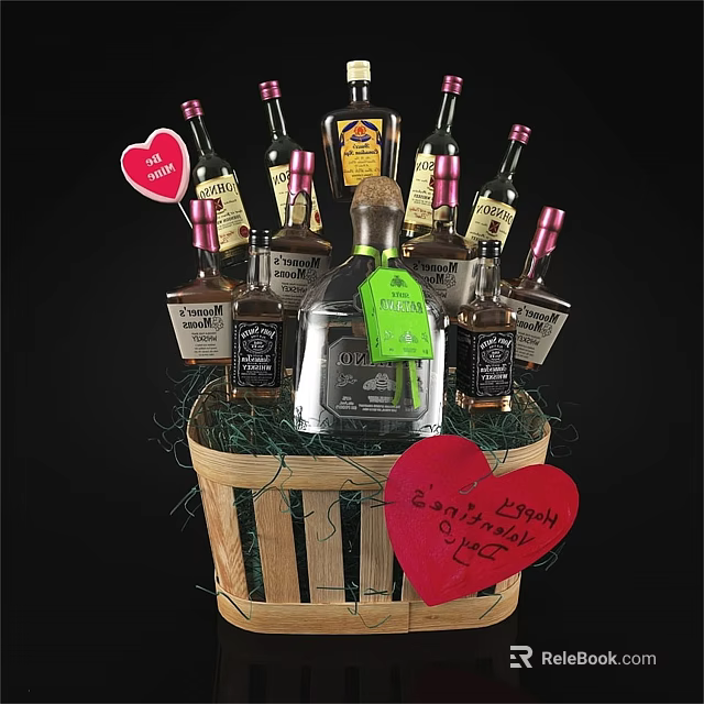 Elegant Wine Bottles and Glasses in Decorative Basket with Heart Tags Happy Anniversary 3d model 