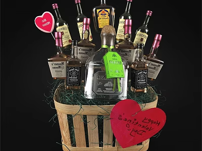 Elegant Wine Bottles and Glasses in Decorative Basket with Heart Tags Happy Anniversary 3d model