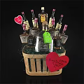 Elegant Wine Bottles and Glasses in Decorative Basket with Heart Tags Happy Anniversary