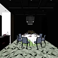 Luxurious Private Dining Room Interior With Round White Tablecloth Blue Chairs Chandelier And Colorful Carpet