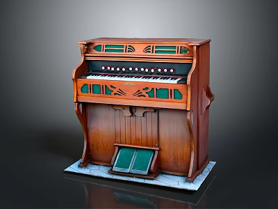 Vintage Wooden Organ With Green Panels Keyboard And Pedal Structure 3d model