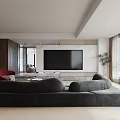Modern Living Room Interior With Gray L shaped Sofa Round Coffee Tables And Red Accent Chair