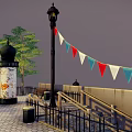 Cartoon Scene With Vines Covered Building Green Yellow Striped Awning Street Lamps Bicycle Cobblestone Street