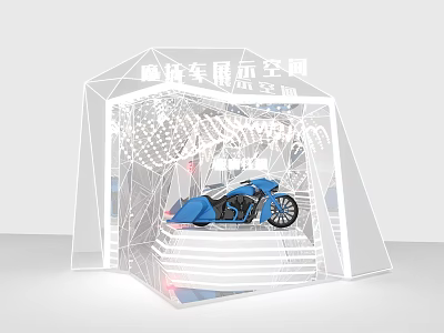 Modern Motorcycle Display Space With Glass Structure And Blue Bike On Platform 3d model