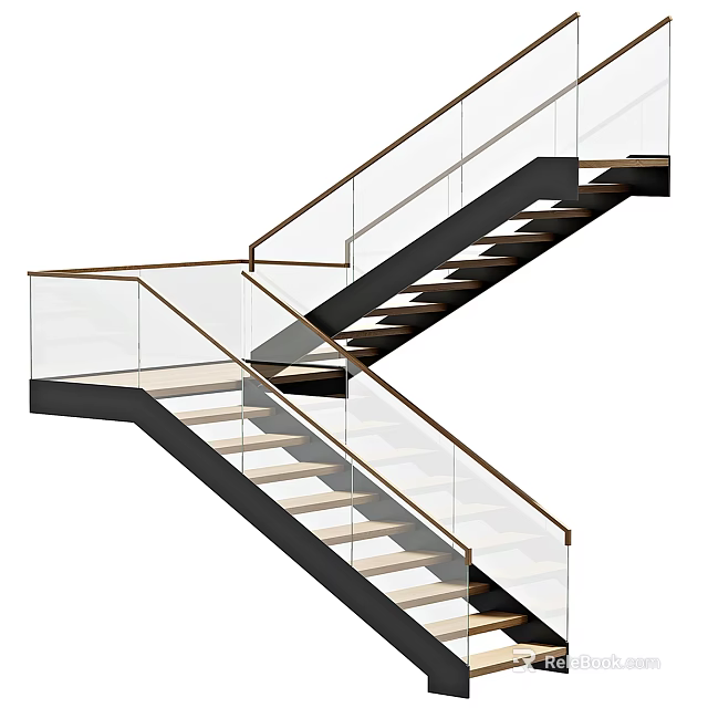 Modern Staircase Design With Glass Railings Metal Frame And Wooden Steps For Interior Spaces 3d model 