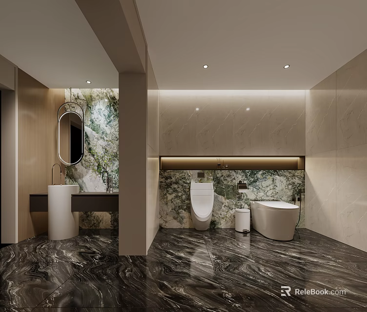 Luxurious Modern Bathroom Interior Design With Natural Marble Decor And Premium Smart Sanitary Fixtures 3d model 