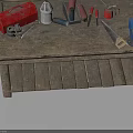 Rustic Wooden Workbench With Various Tools And Colored Containers On Top 3d model